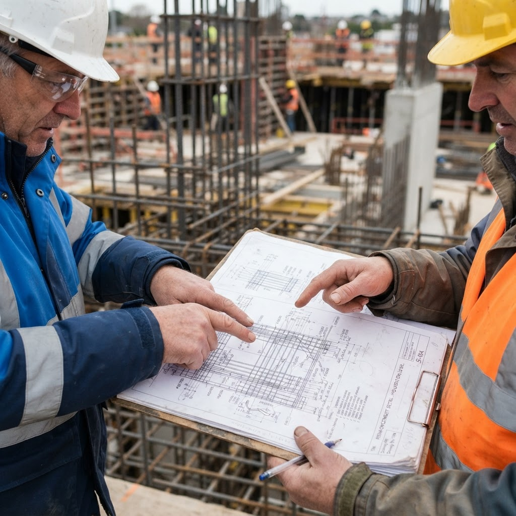 Engineers reviewing a completed rebar reinforcement drawing