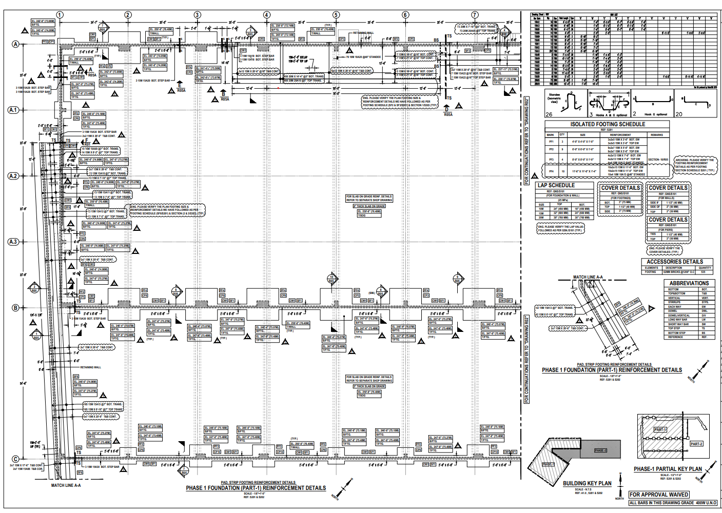 Rebar shop drawing showing beam and column reinforcement elevations and cross-sections with bar marks and dimensions