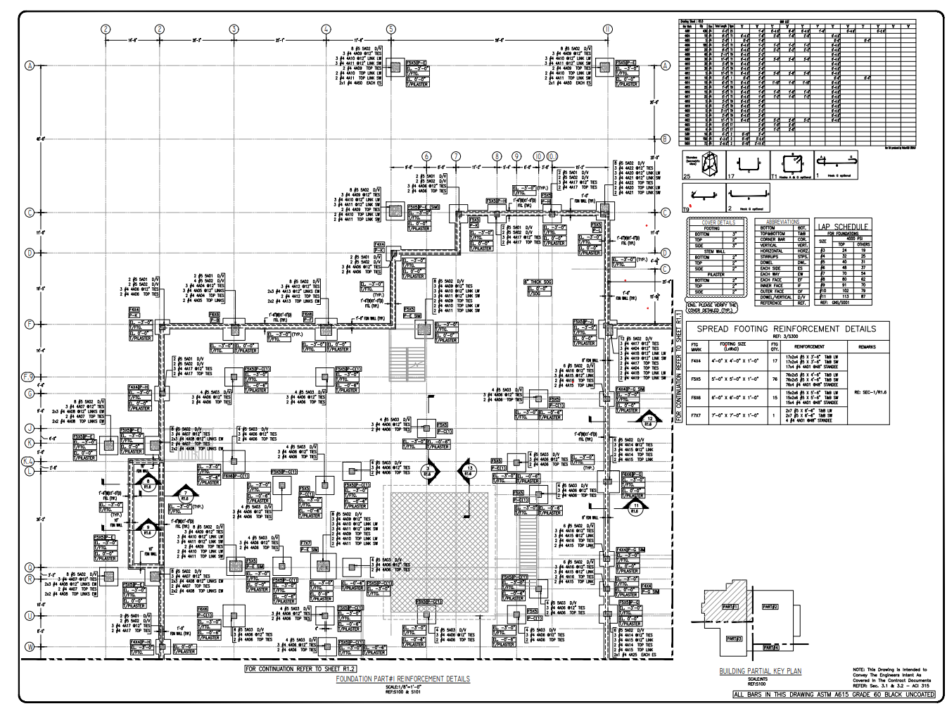Rebar shop drawing showing beam and column reinforcement elevations and cross-sections with bar marks and dimensions