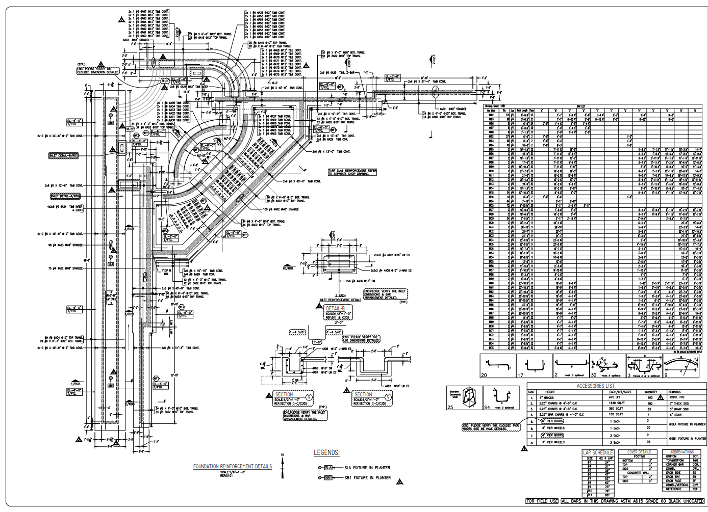 Reinforcement placing plan drawing with grid reference lines and bar mark callouts