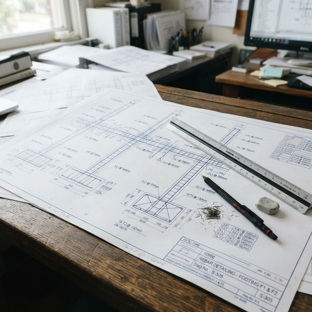 Rebar shop detailing drawing being reviewed on a drafting desk