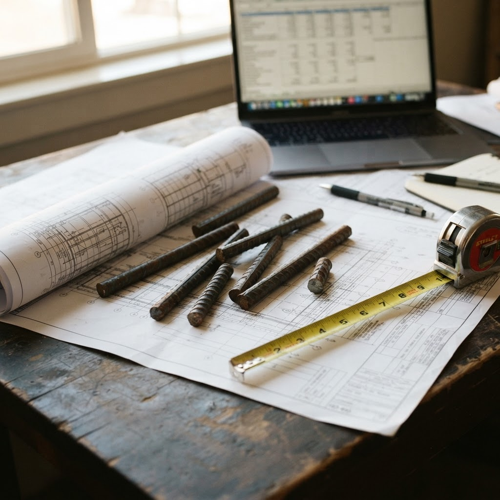 Rebar quantity takeoff workspace with blueprints and steel samples
