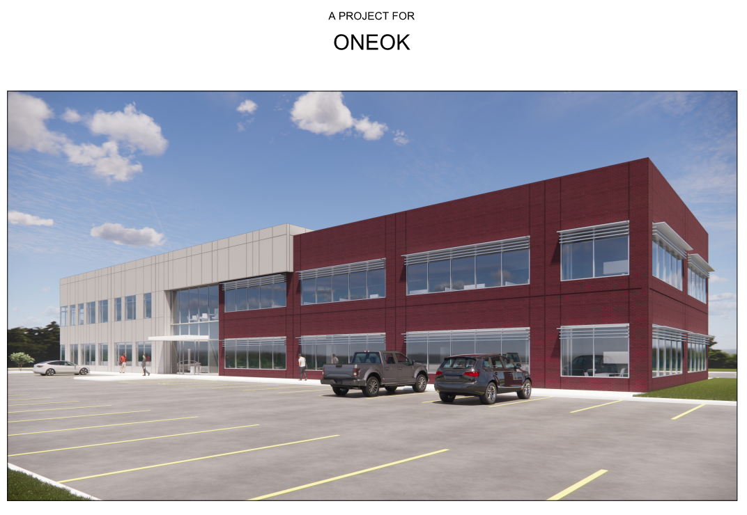 Two-story brick and metal-panel office building rendering for ONEOK
