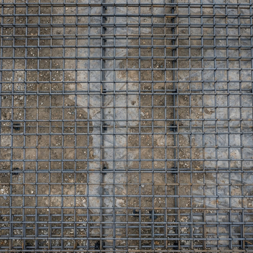 Aerial view of a steel rebar reinforcement grid for a concrete slab