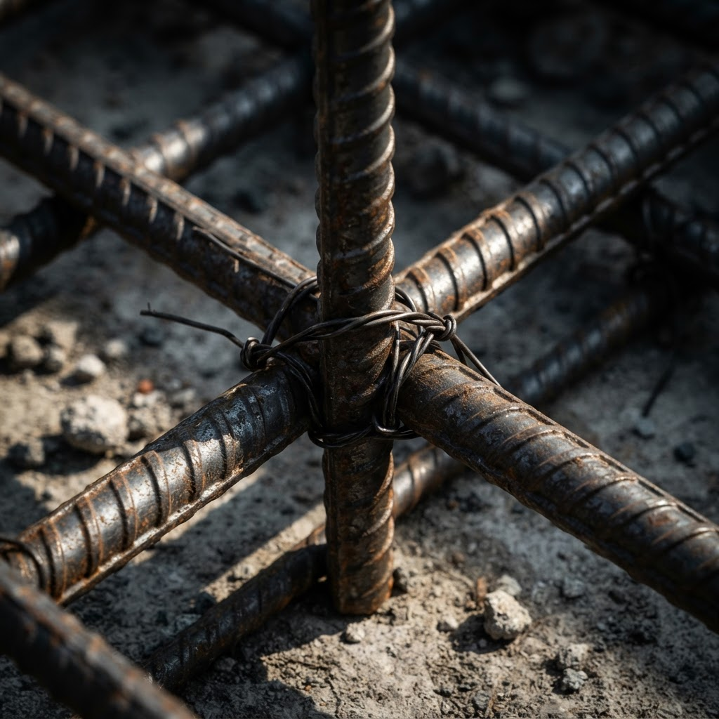Macro detail of steel rebar intersections tied with wire
